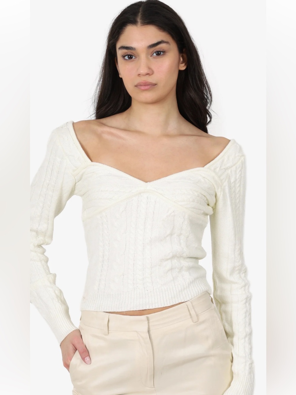 MAJORELLE Cream Off-the-Shoulder Cable Knit Sweater